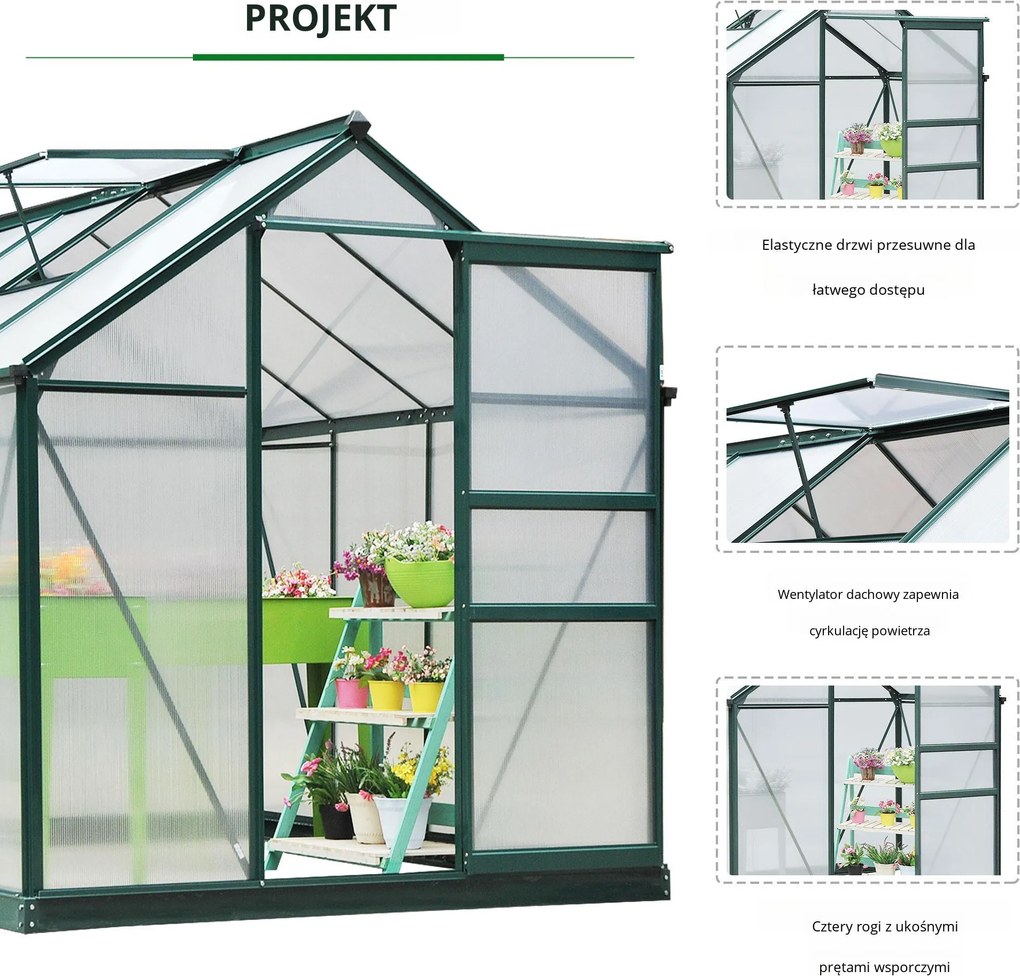 Outsunny Szklarnia z poliwęglanu z oknem dachowym i drzwiami przesuwnymi 190x252x201 cm | Aosom PL