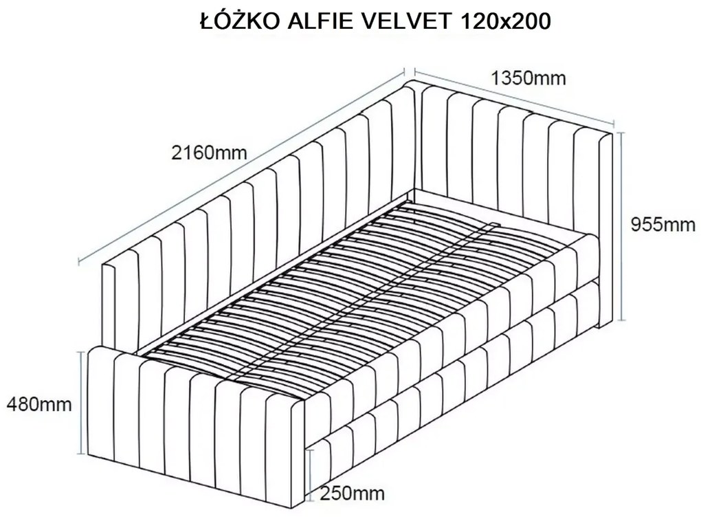 Tapicerowane łóżko ALFIE VELVET z dostawką 120x200 cm beżowe