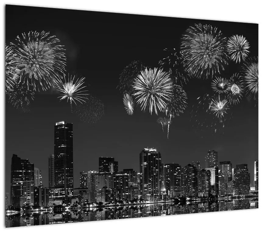 Obraz na szkle - Fajerwerki w Miami, czarno - białe (70x50 cm)