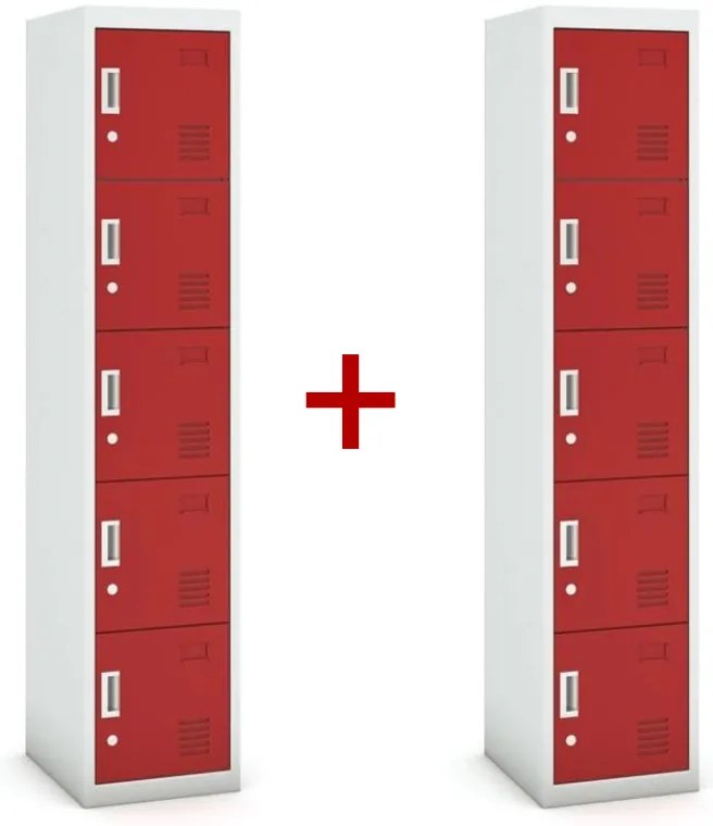 Szafka ubraniowa S3 pięciodrzwiowa 1+1 GRATIS, demontaż, zamek cylindryczny, szara/czerwona