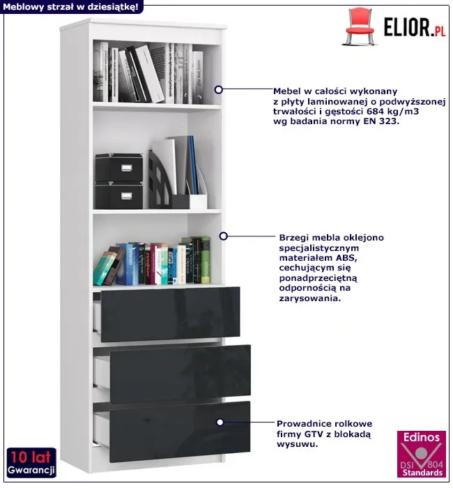 Młodzieżowy Regał Biały Z Szufladami + Grafit G9-T96