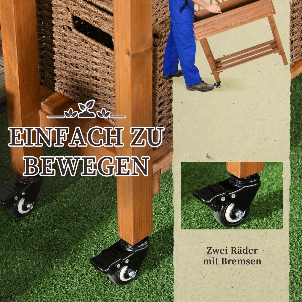 Outsunny Wysokie Łóżko Ogrodowe z Kratką do Pnączy Drewniana Doniczka z Półką na Kółkach do Balkonu | Aosom PL