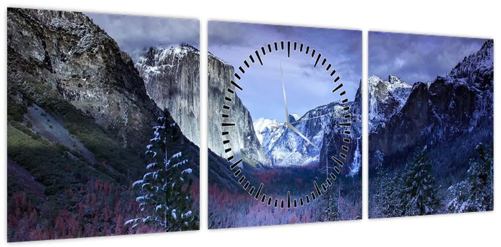 Obraz zimowego górskiego krajobrazu (z zegarem) (90x30 cm)