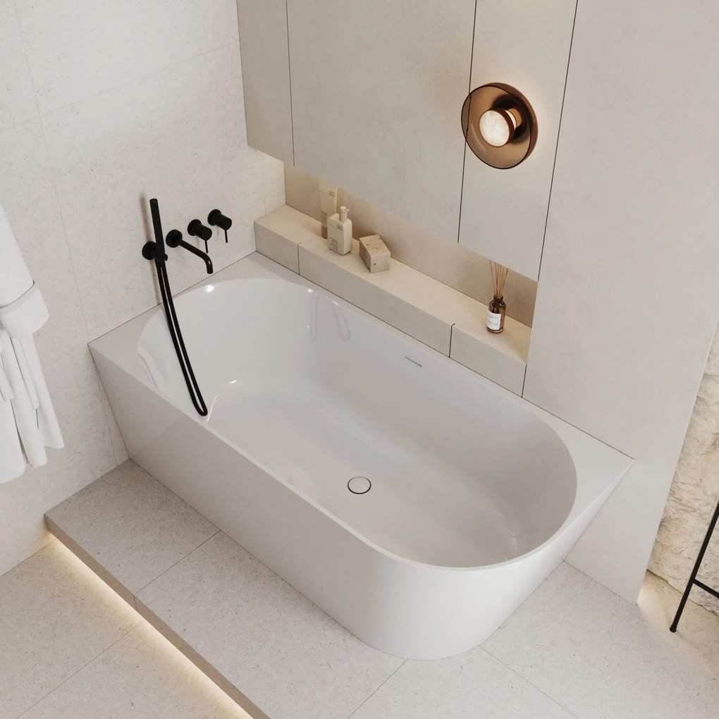 Wanna wolnostojąca narożna WALL Grey Glow / Matt lewa z konglomeratu szara błyszcząca/matowa 160 x 75 cm z przelewem typu SLIM : Kolor wanny - Biały połysk