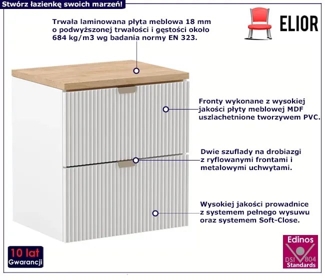 Biała szafka ryflowana pod umywalkę z orzechowym blatem T1-N01