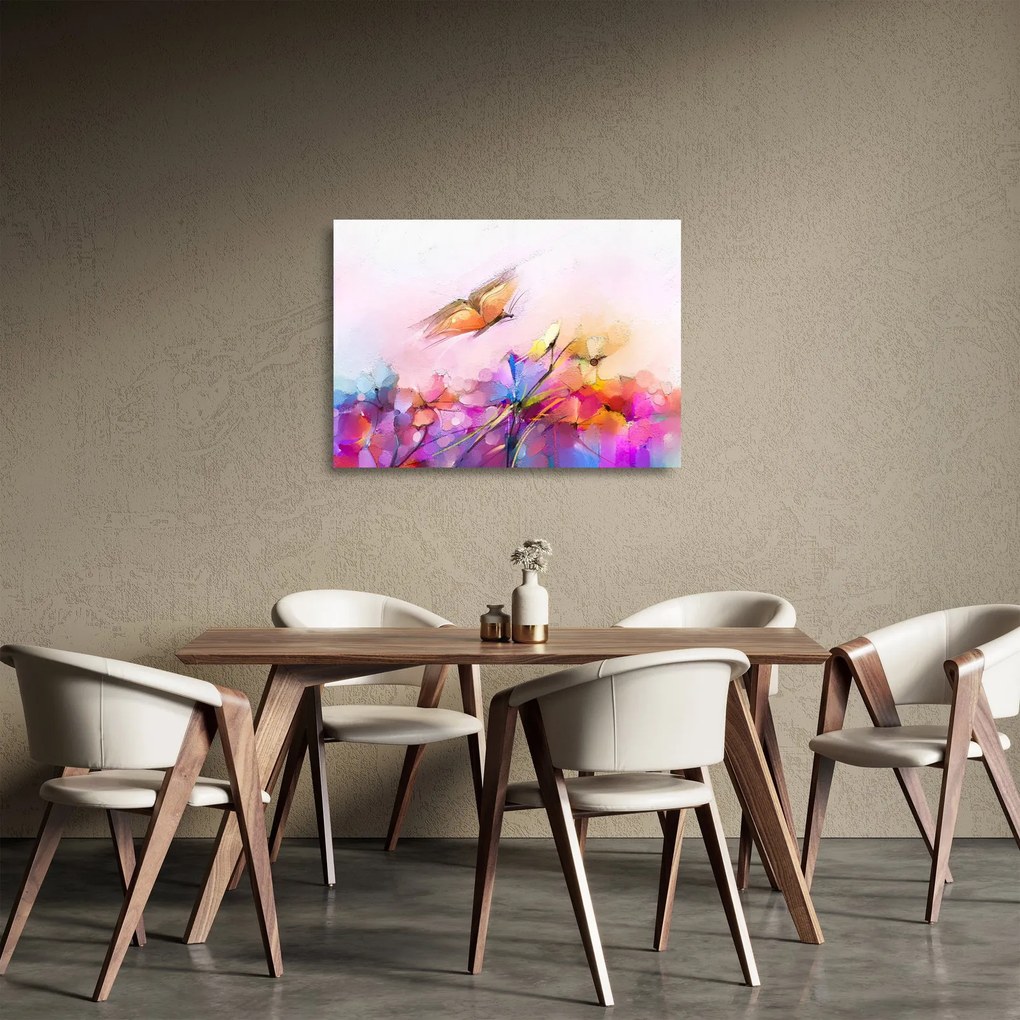 Obraz na szkle - Motyl nad kwiatem, abstrakcja (70x50 cm)