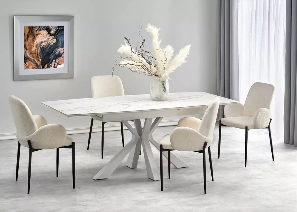 Stół Vivald rozkładany 160–200 cm – biały marmur spiek MDF, stalowa krzyżowa podstawa, elegancki stół do jadalni i salonu