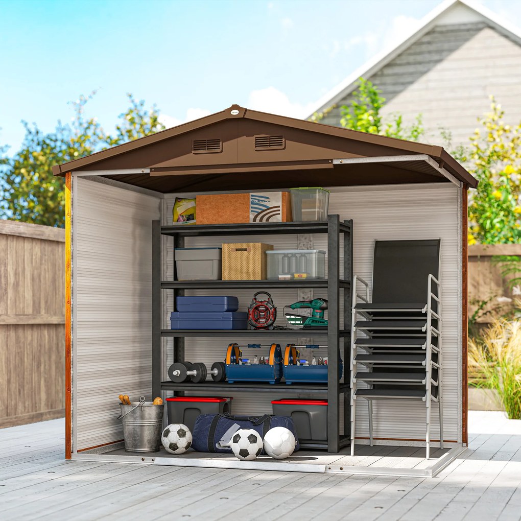 Outsunny Szopa Ogrodowa, Szopa na Narzędzia, Domek Ogrodowy z Oknami, Odporna na Warunki Atmosferyczne, Wygląd Drewna, Stal, 152 x 235,7 x 208,7 cm, Brązowa