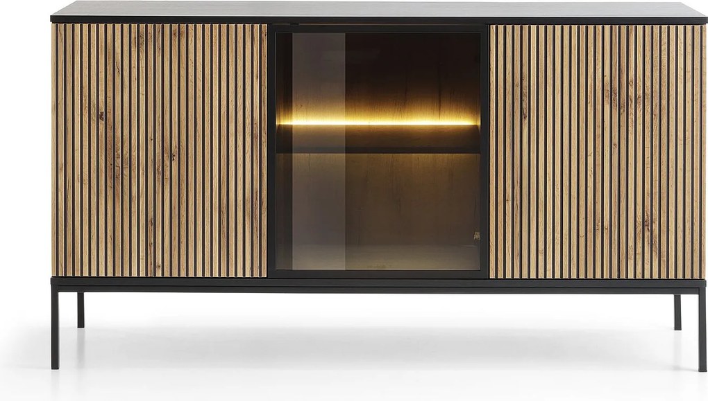 Nowoczesna komoda szeroka z drzwiami i frezowanym frontem 154×83×39 cm, w kolorze Czarny / Dąb Wotan