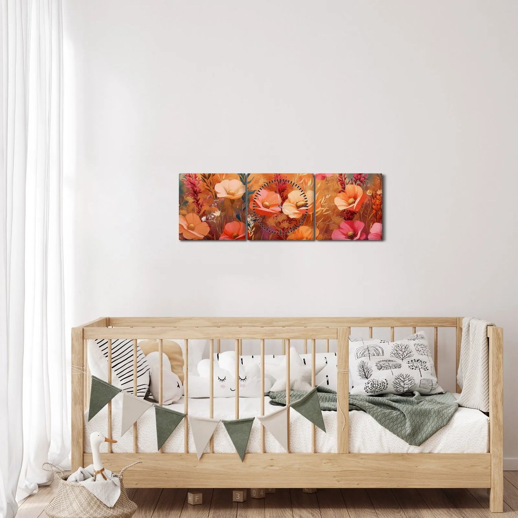 Obraz - Kwiaty łąkowe, malarstwo (z zegarem) (90x30 cm)