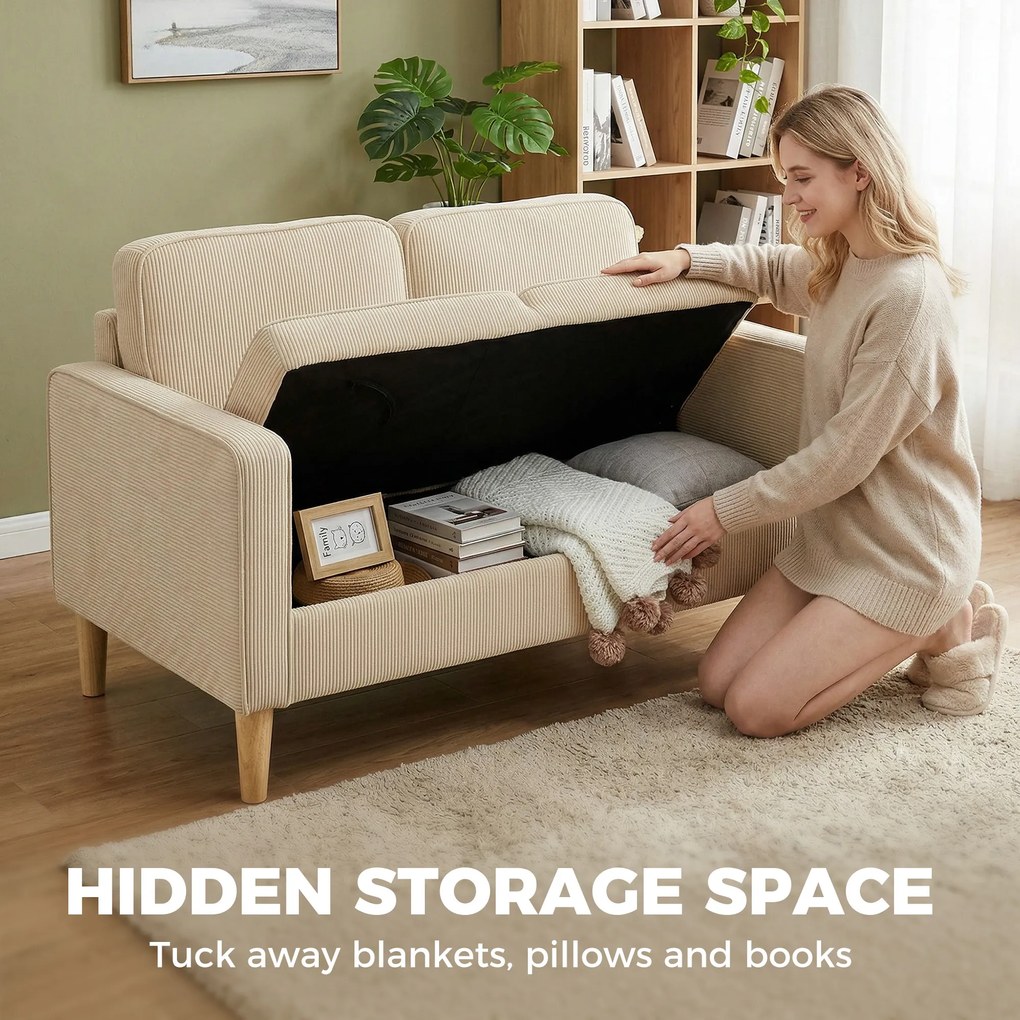 HOMCOM Sofa 2-osobowa z 2 poduszkami dekoracyjnymi, schowek nogi z litego drewna Mała nowoczesna dwuosobowa kanapa sztruks 117 x 63 x 79 cm Beżowy | Aosom PL