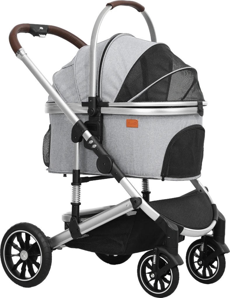 PawHut Wózek dla zwierząt 3 w 1 Składany buggy dla kotów do 10 kg z poduszką i uchwytem na kubek - Jasnoszary