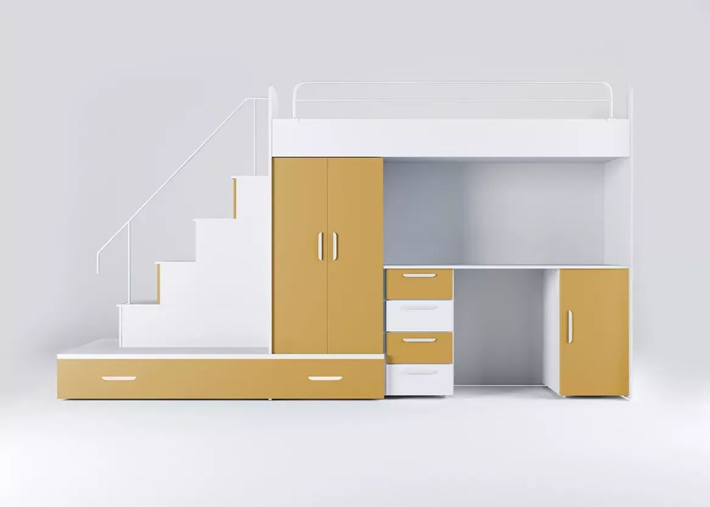Ashland – wielofunkcyjny zestaw mebli dziecięcych z łóżkiem, biurkiem, szafą i schodkami ze schowkami