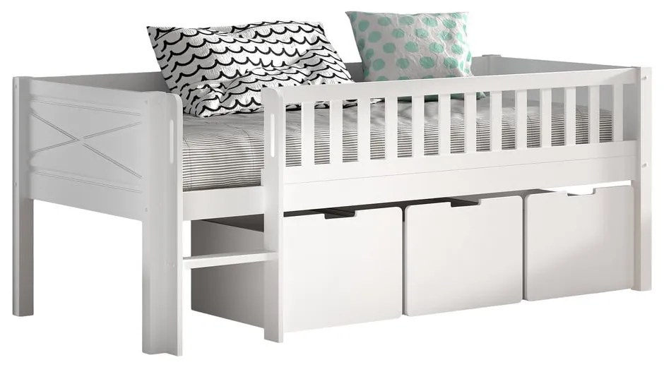 Białe podwyższone łóżko dziecięce z litego drewna sosnowego ze schowkiem i stelażem 90x200 cm Scott – Vipack