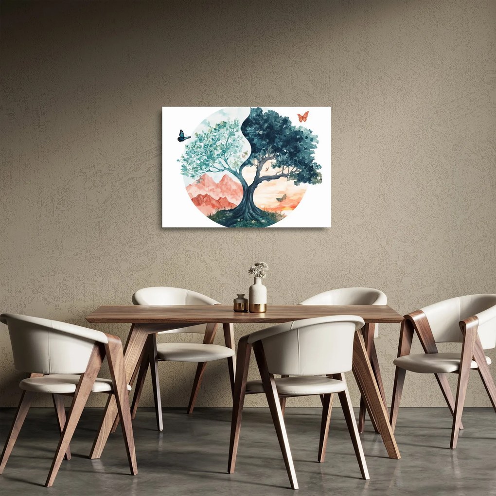 Obraz na szkle – Akwarelowe drzewo pełne życia (70x50 cm)