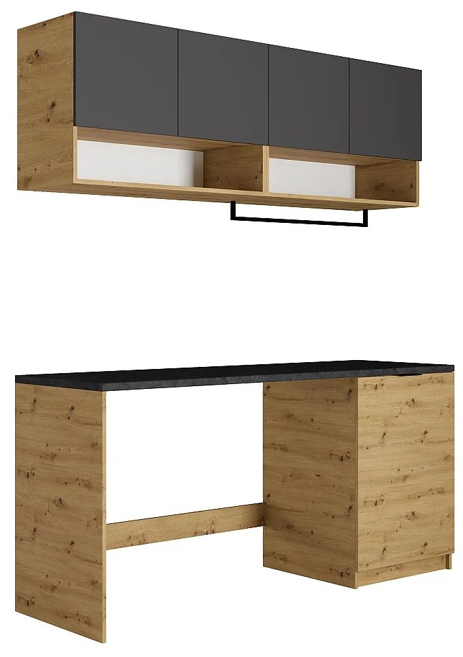 Zestaw mebli do pralni do zabudowy pralki z blatem - szer. 182 cm - Antracytowy i naturalny jasny - NATAJI