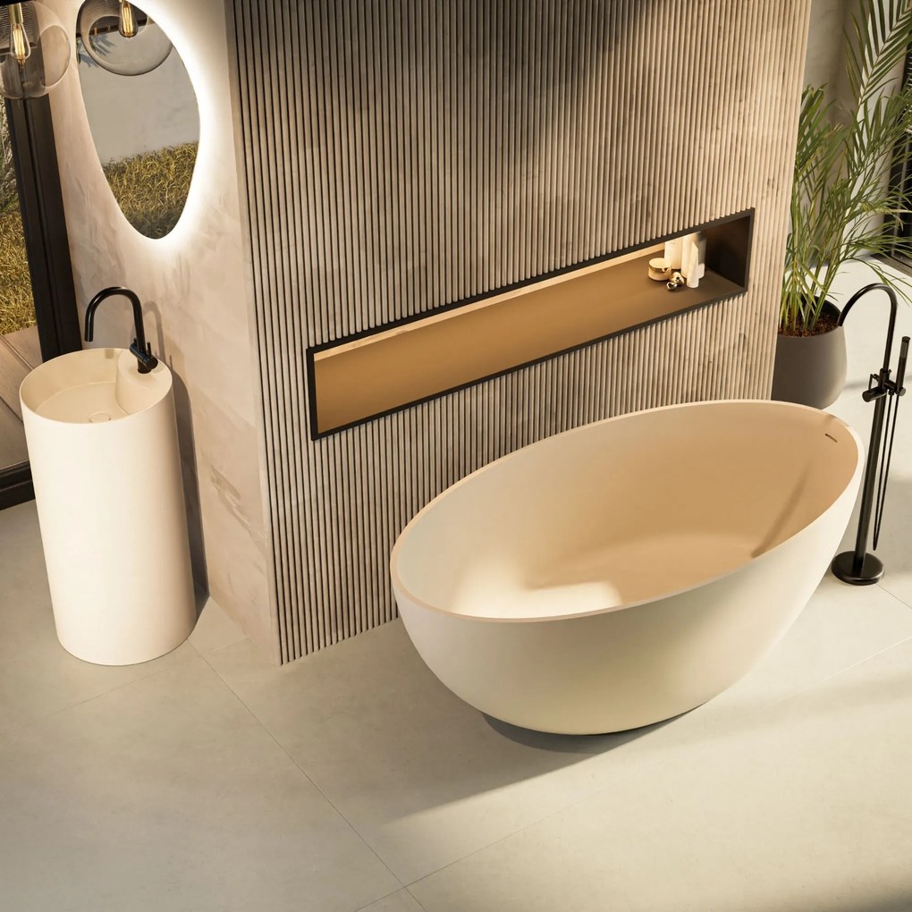 Umywalka z konglomeratu wolnostojąca okrągła beżowa matowa 87 x 44 cm KALMI BEIGE MATT z otworem na baterię : Podłączenie syfonu - Do podłogi