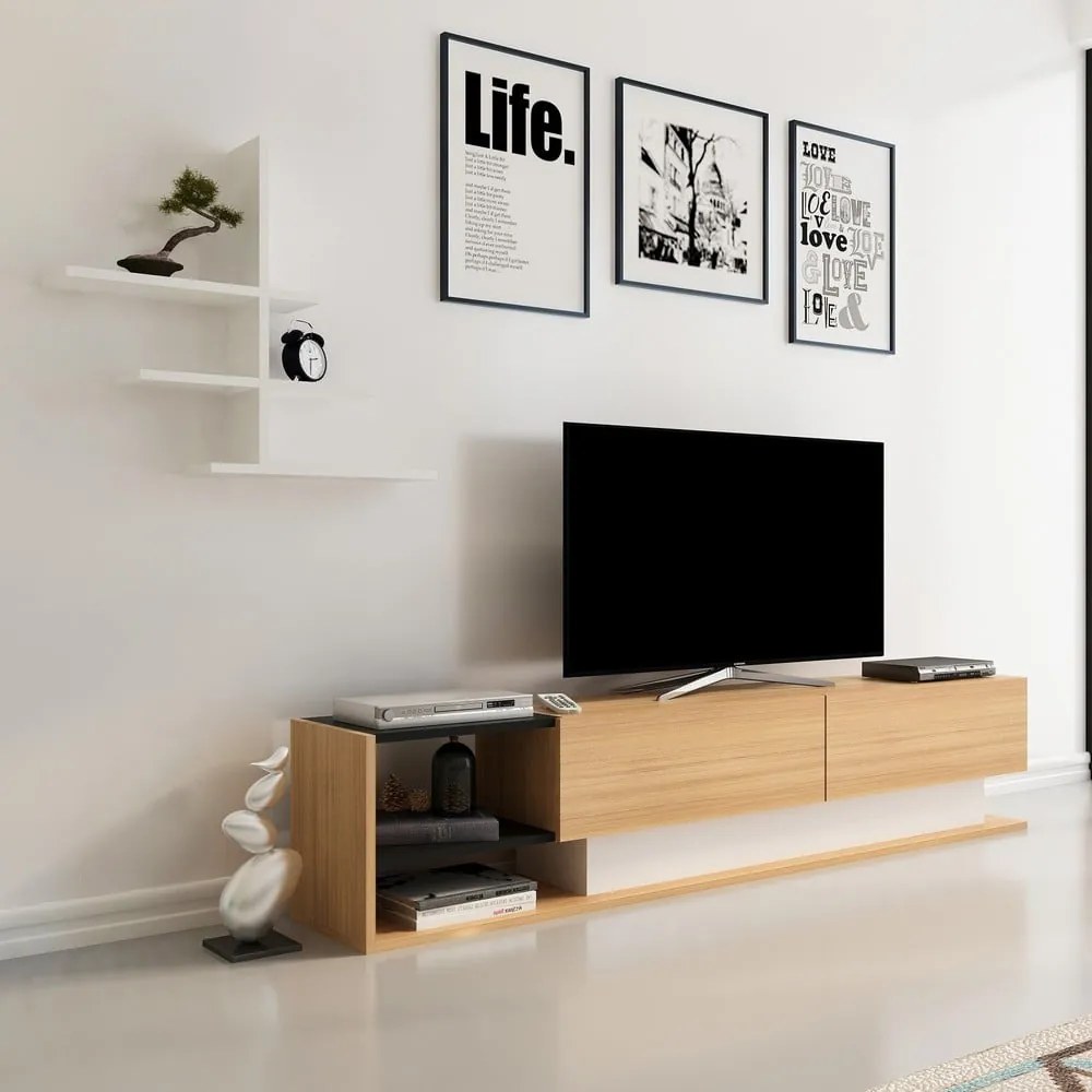 Biały zestaw pod TV w dekorze egzotycznego drewna 180x40 cm Liza - Kalune Design