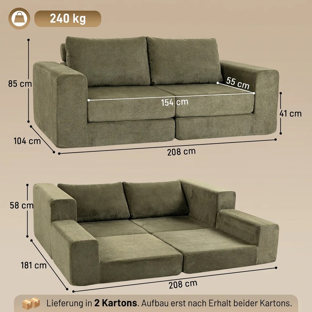 HOMCOM Sofa z funkcją spania 4-w-1 rozkładana składana poduszki 2-osobowa Zielona | Aosom PL
