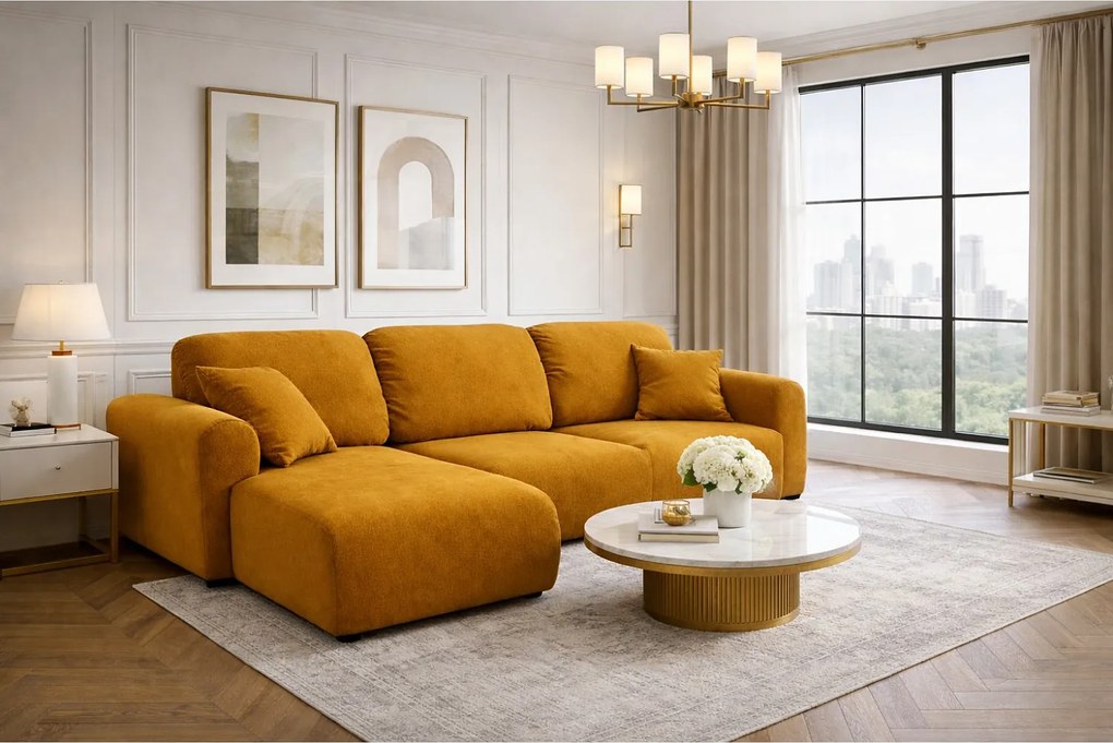 Narożnik w kształcie L z funkcją spania i pojemnikiem Bingo L, tkanina welurowa Salvador, Żółty, Lewy