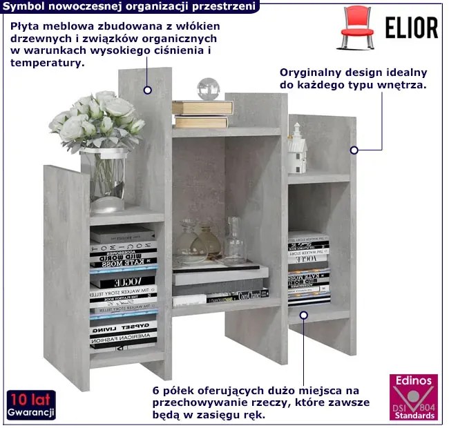 Niski otwarty regał z 6 półkami beton - Pyrol