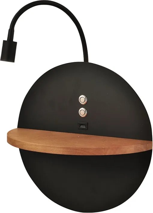 Dual - Kinkiet z półką i oświetleniem LED 15W Fabas Luce Ściemniacz dotykowy - Matowa czerń z wbudowanym portem USB w drewnie