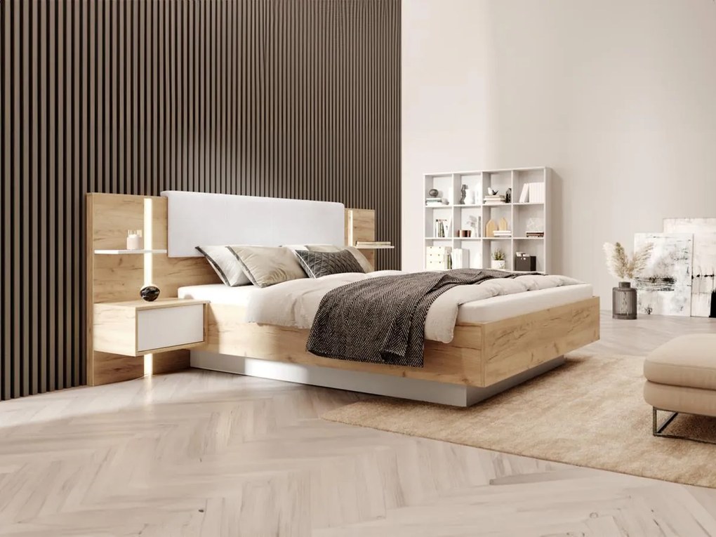 Łóżko z szafkami nocnymi 160 x 200 cm - Z oświetleniem LED - Naturalny i biały + Stelaż + Materac - ELYNIA