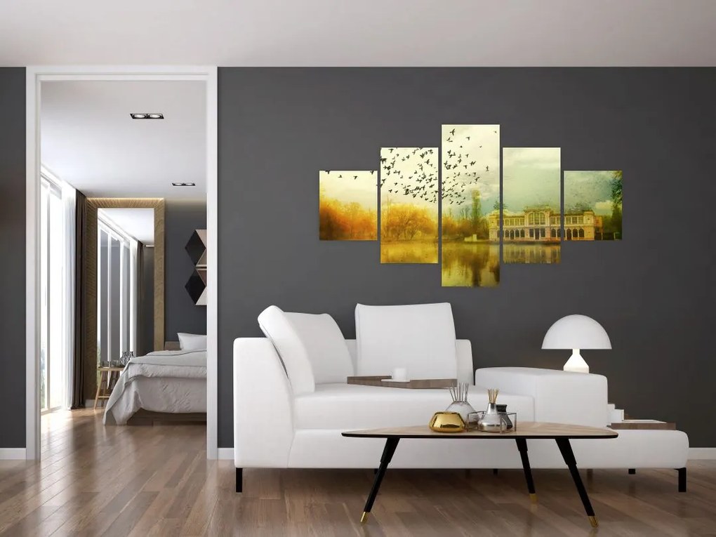 Obraz namalowanego krajobrazu z rezydencją (125x70 cm)