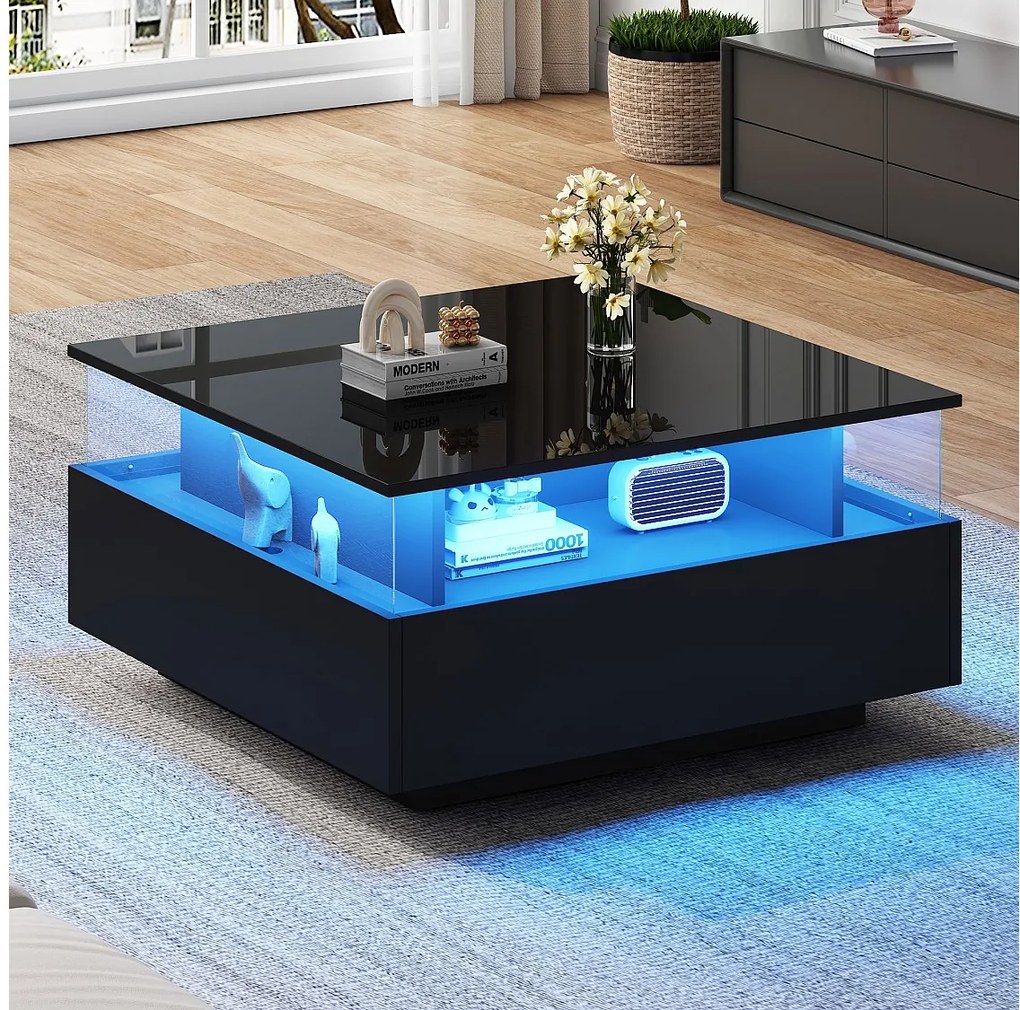 Nowoczesny stolik kawowy z 2 szufladami i przezroczystą przestrzenią - 70 x 70 x 41 cm - Diody LED - Płyta wiórowa - Czarny połysk