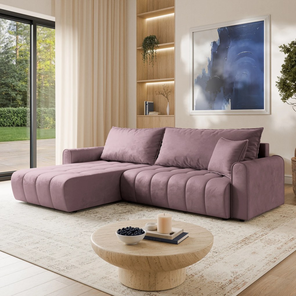 Masseno Narożnik FRIGA z funkcją spania i pojemnikiem na pościel Narozniki L, Rozkładana sofa - Wrzosowy, MONOLITH 62