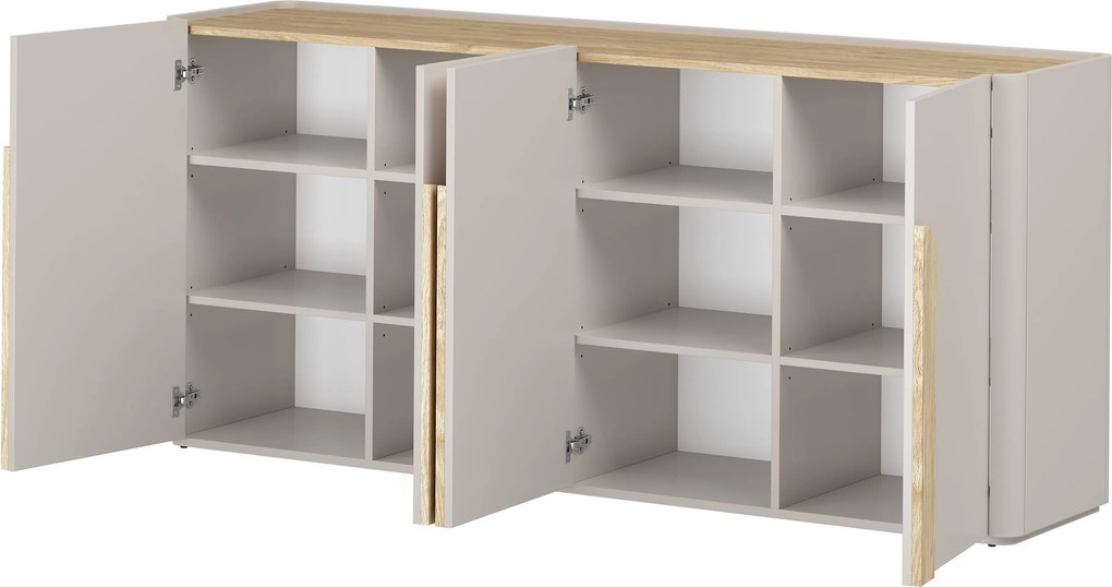 Komoda Amilio 200 cm czterodrzwiowa - kaszmir / dąb olejowany / uchwyty dąb jasny - Wyprzedaż ekspozycji
