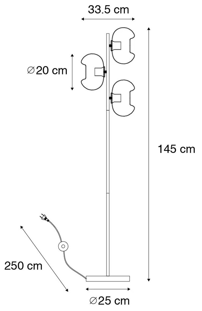 Lampa podłogowa art deco czarna z przydymionym szkłem 3-światła - Ayesha