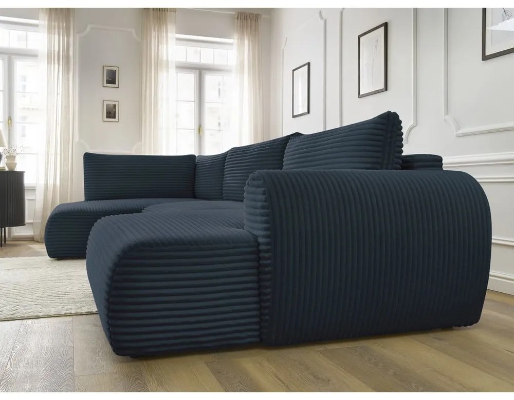 Ciemnoniebieski sztruksowy rozkładany/ze schowkiem narożnik (lewostronny/w kształcie litery U) Lucien – Bobochic Paris
