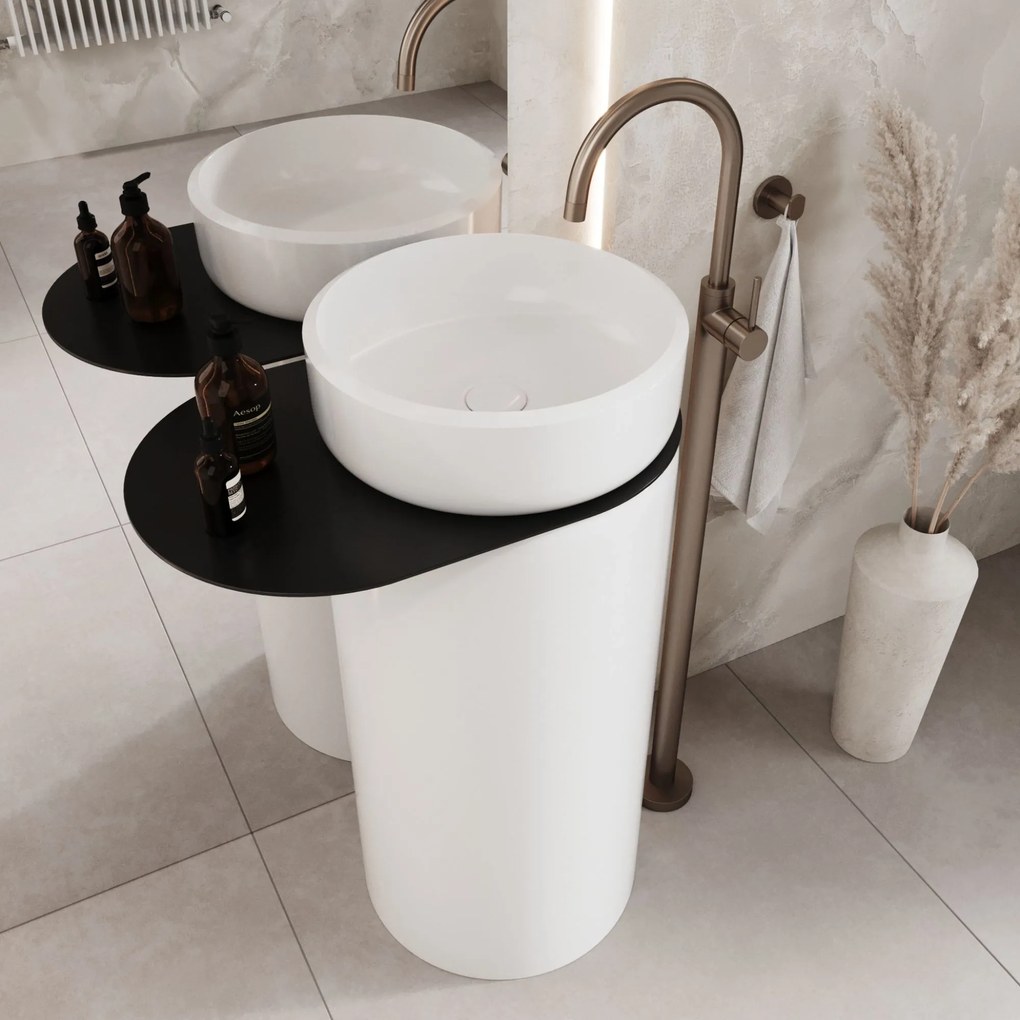 Umywalka z konglomeratu wolnostojąca okrągła 85 x 40 cm z półką metalową RONA bez przelewu : Kolor umywalki RONA - Szary połysk, Podłączenie syfonu - Do podłogi, Półka - Metalowa