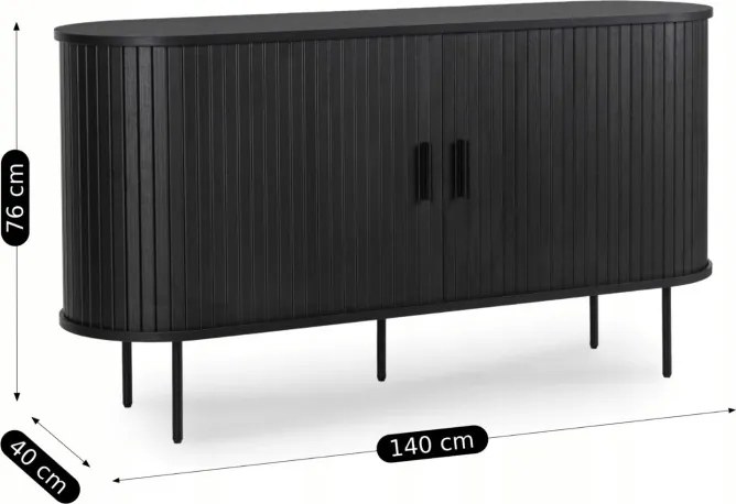 Komoda do Salonu Rozsuwana TRISH 140 cm Czarna Dwudrzwiowa Ryflowana Nowoczesna