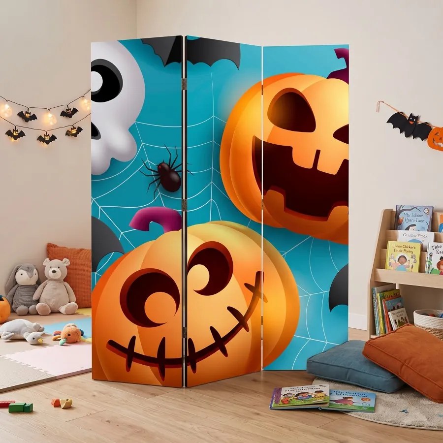Parawan pokojowy 3-częściowy 135x172 Jednostronny dekoracyjny dziecięcy komiksowy Niebieski Wesoły Halloween