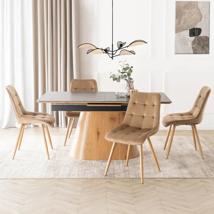 Zestaw Stół Rozkładany Ceramiczny LIZBONA 160-200 cm Czarny/Dąb i 4 Krzesła Tapicerowane RODRI Beżowe