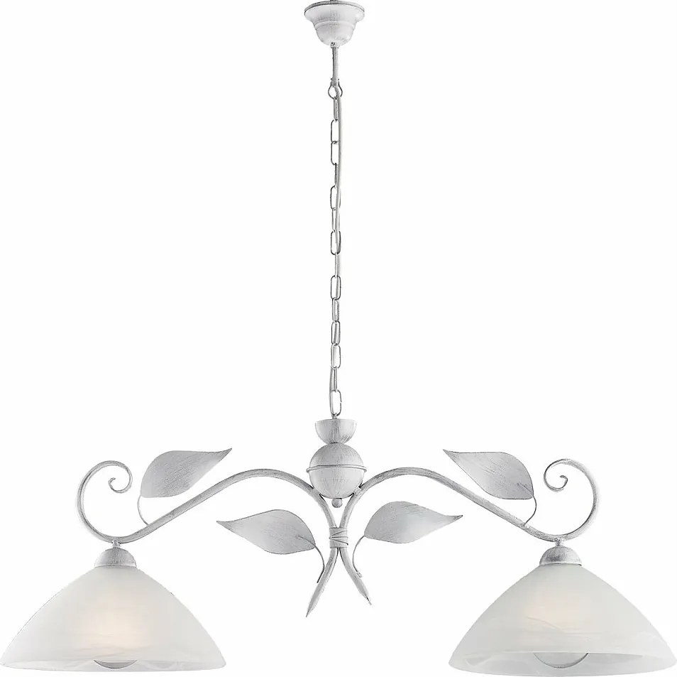 Żyrandol z białego lakierowanego żelaza, zdobienie antyczne srebro, klosze alabastrowe Ø30 cm, 2 światła, 96x30 cm