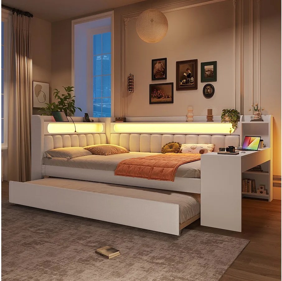 Sofa dziecięca rozkładana - 140 x 200 cm - z wysuwanym łóżkiem 90 x 190 cm + z oświetleniem LED + biurko + schowek - płyta MDF + len - biała