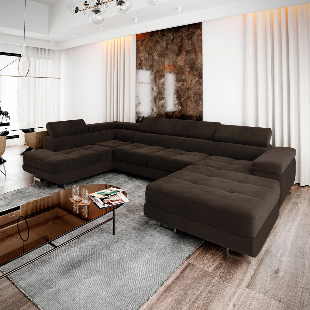 Masseno Narożnik CASONE z funkcją spania i pojemnikiem na pościel Narozniki U, Rozkładana sofa - Brązowy, MONOLITH 29