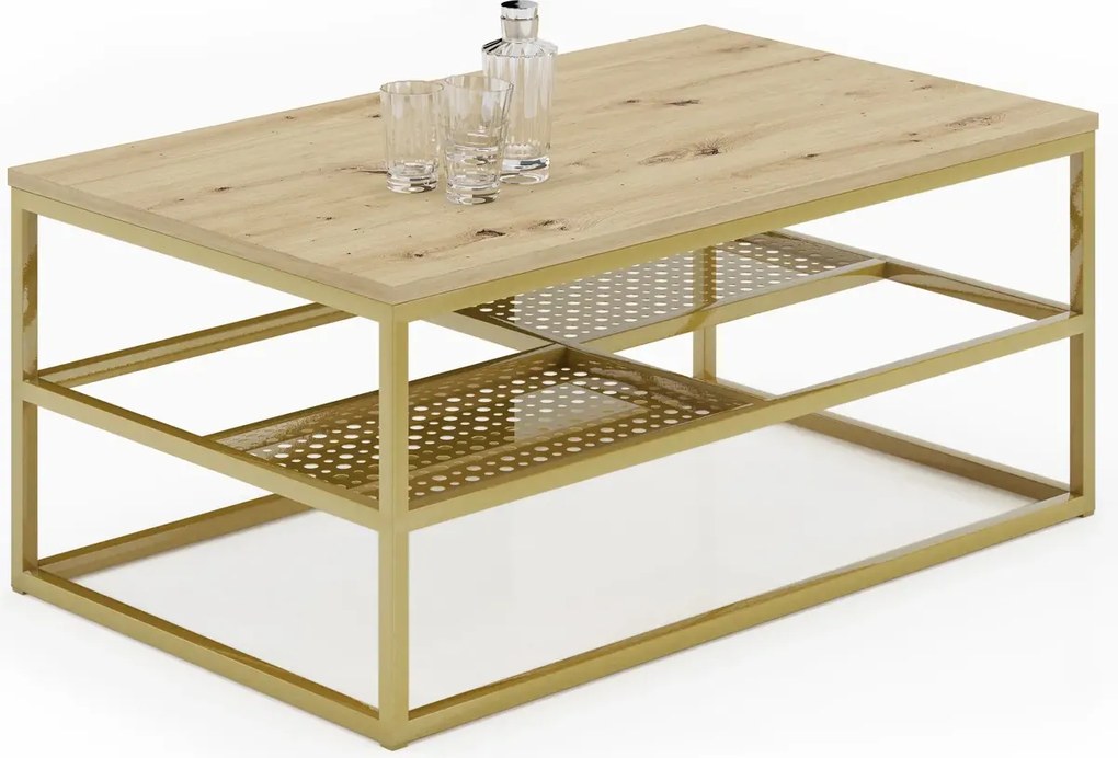 Ława z półkami w stylu glamour dąb artisan + złoty P8-H52