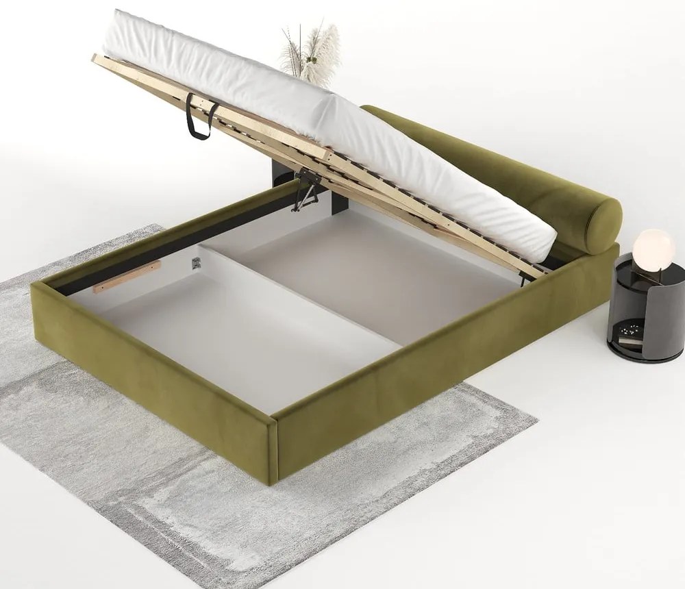Ciemnozielone tapicerowane łóżko dwuosobowe ze schowkiem i stelażem 200x200 cm Solvo – Maison de Rêve