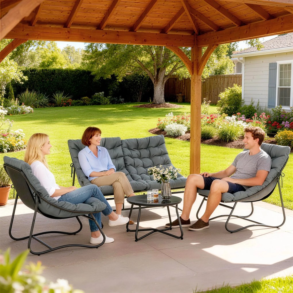 Outsunny Zestaw Mebli Ogrodowych dla 4 Osób, 2 Krzesła, 1 Sofa Dwuosobowa, 1 Stolik z Szkłem, Grube Poduszki, Stalowa Rama, na Taras, Szary