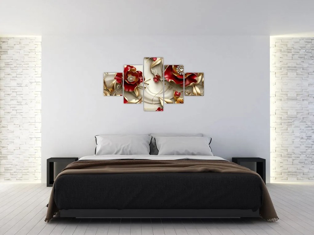 Obraz - 3D czerwono-złote kwiaty (125x70 cm)