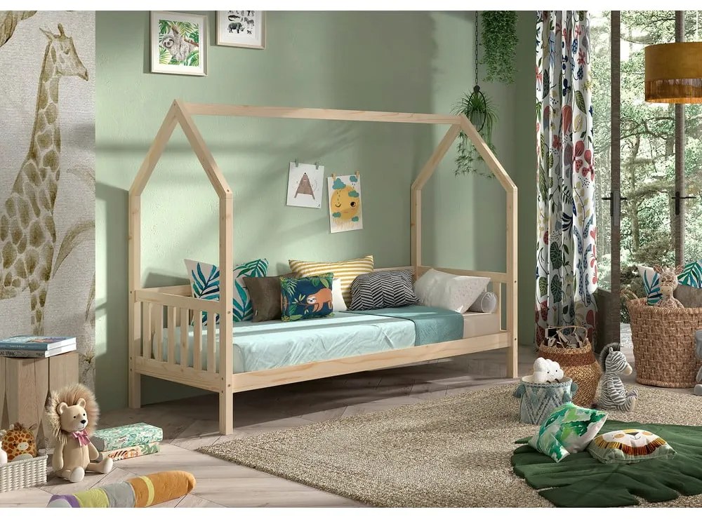 Łóżko dziecięce z litego drewna sosnowego w kształcie domku ze stelażem 90x200 cm Cabane – Vipack