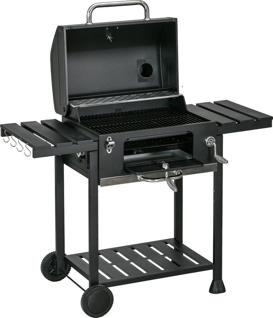 Outsunny Grill węglowy Grill BBQ-Grill, włącznie z termometrem, otwieraczem do butelek, 120 x 64 x 114 cm, czarny