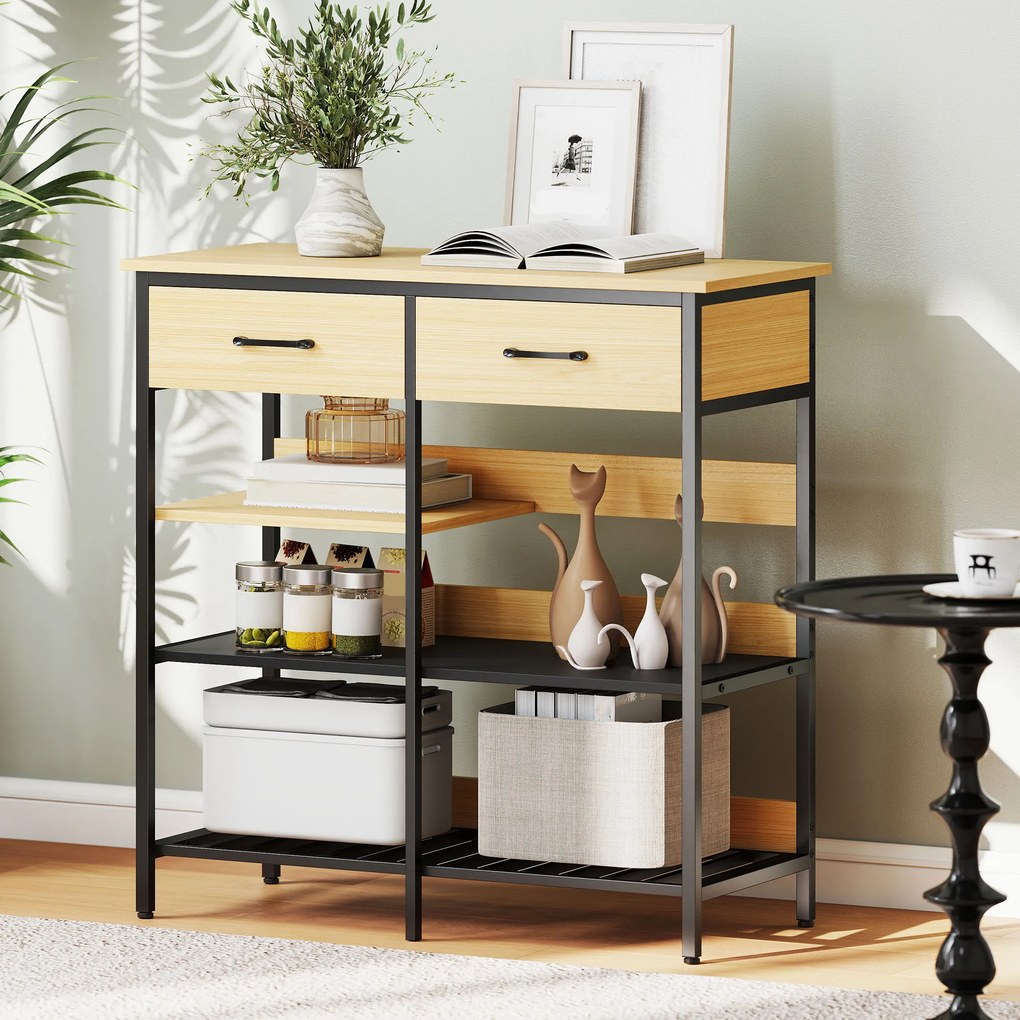 HOMCOM Komoda, komoda z 2 szufladami i 3 otwartymi półkami, szafka kuchenna do kuchni, salonu 90 x 40 x 91 cm, drewno naturalne