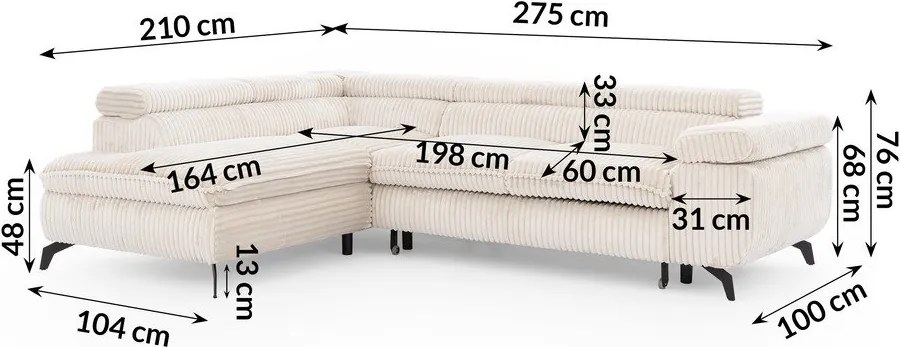 Kremowy sztruksowy narożnik (lewostronny/w kształcie litery L) Marbeya – Ropez