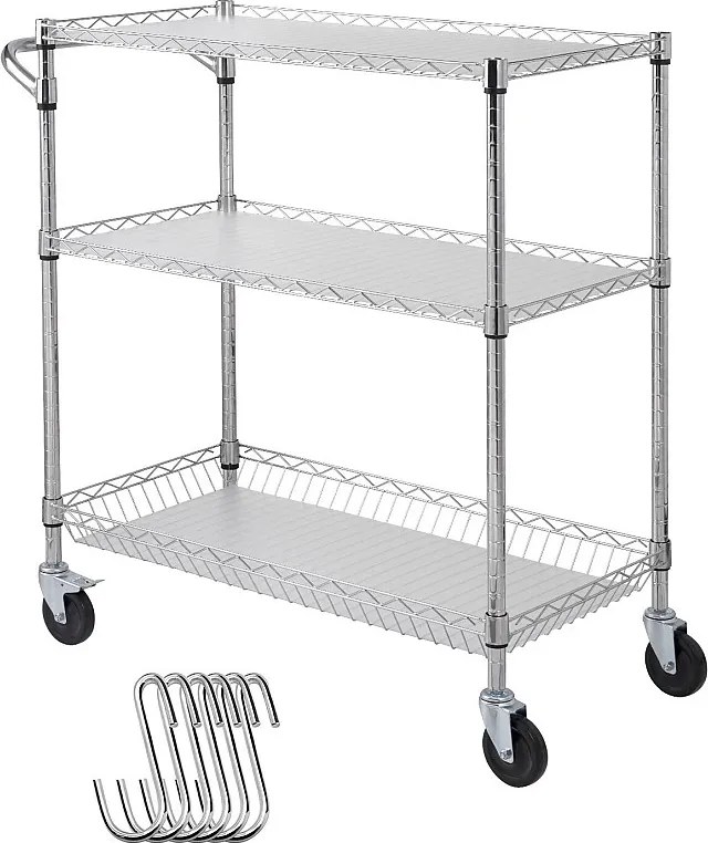 Wózek Kuchenny, SucceBuy 3-Poziomowy Wózek Narzędziowy z Kółkami 89 × 46 × 90 cm 300 kg 6 Haczyków