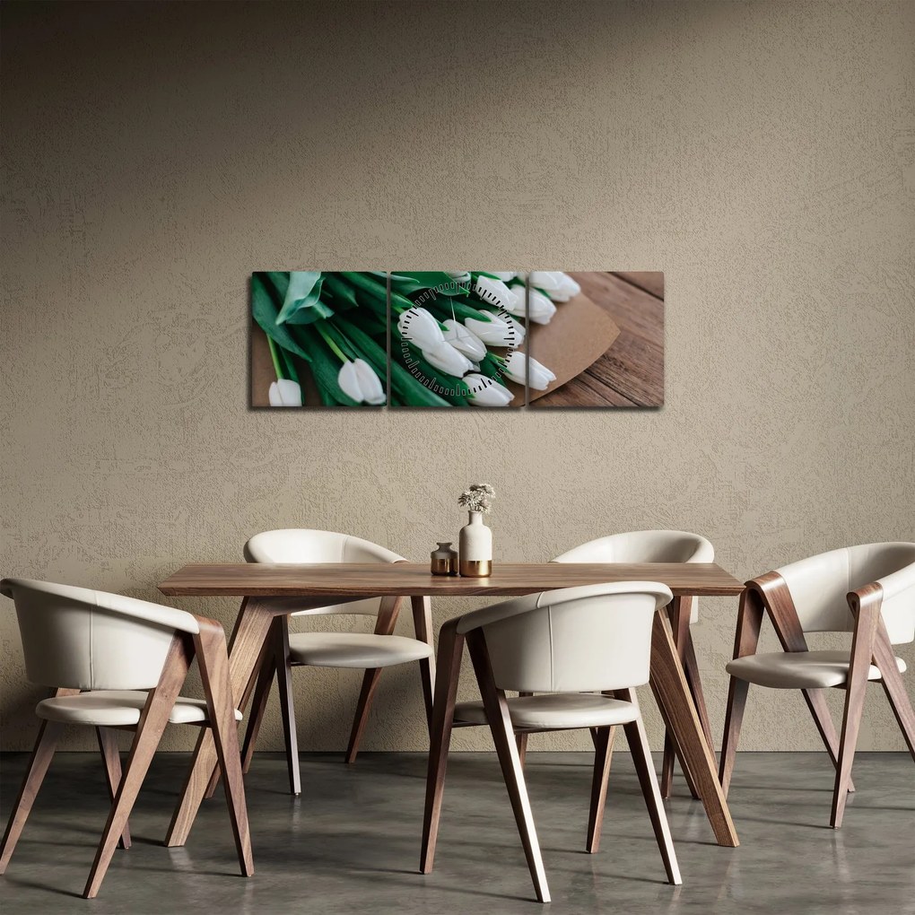 Obraz bukietu białych tulipanów (z zegarem) (90x30 cm)